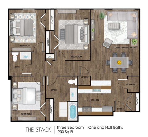 Floor plan for 3 beds, 1.5 baths, 1169 sqft